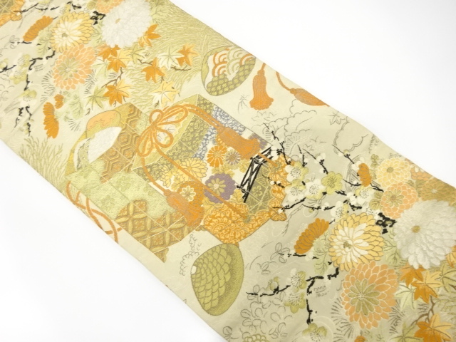 アンティーク　貝桶に菊・枝梅模様織り出し丸帯（材料）